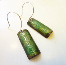 Load image into Gallery viewer, Green Snakeskin Column Earrings, Enamel on Copper
