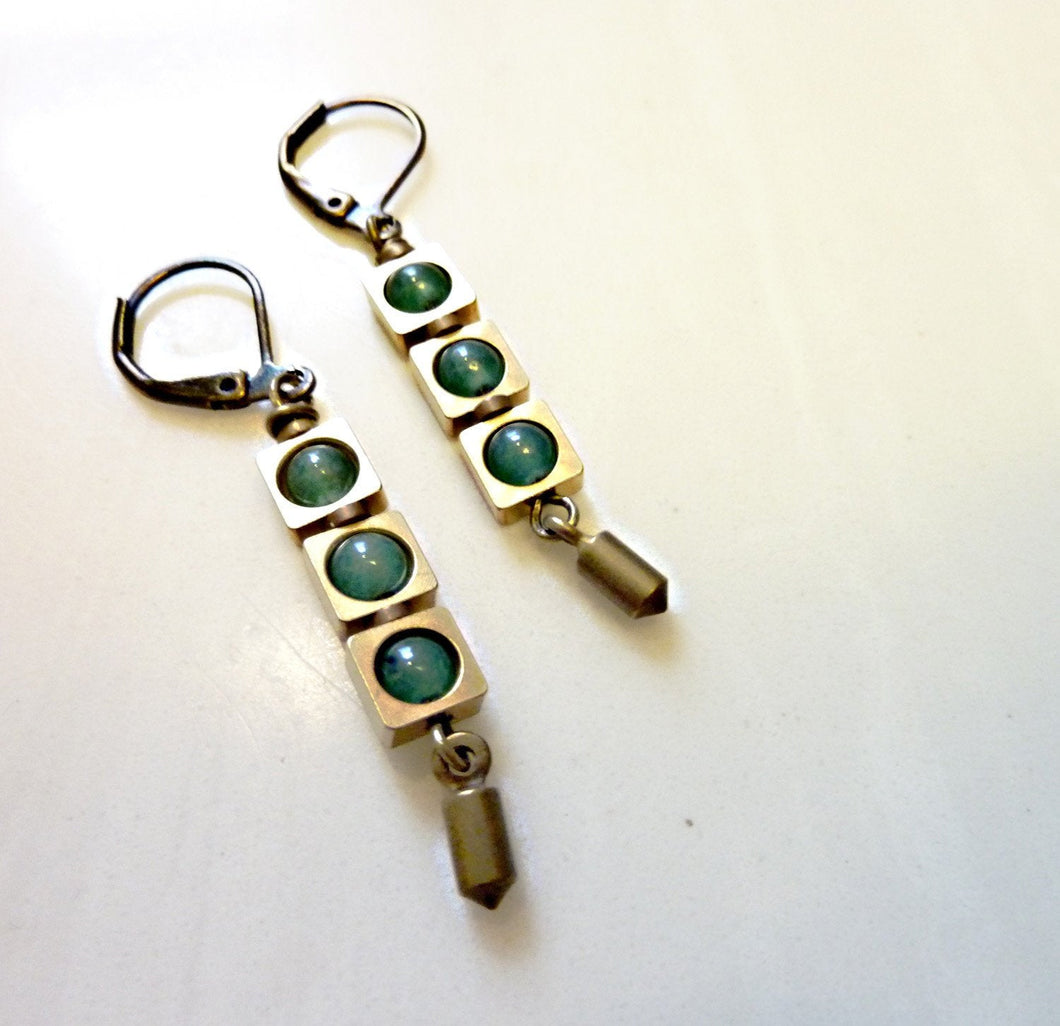 Green Light Earrings, Brass Squares, Green Aventurine