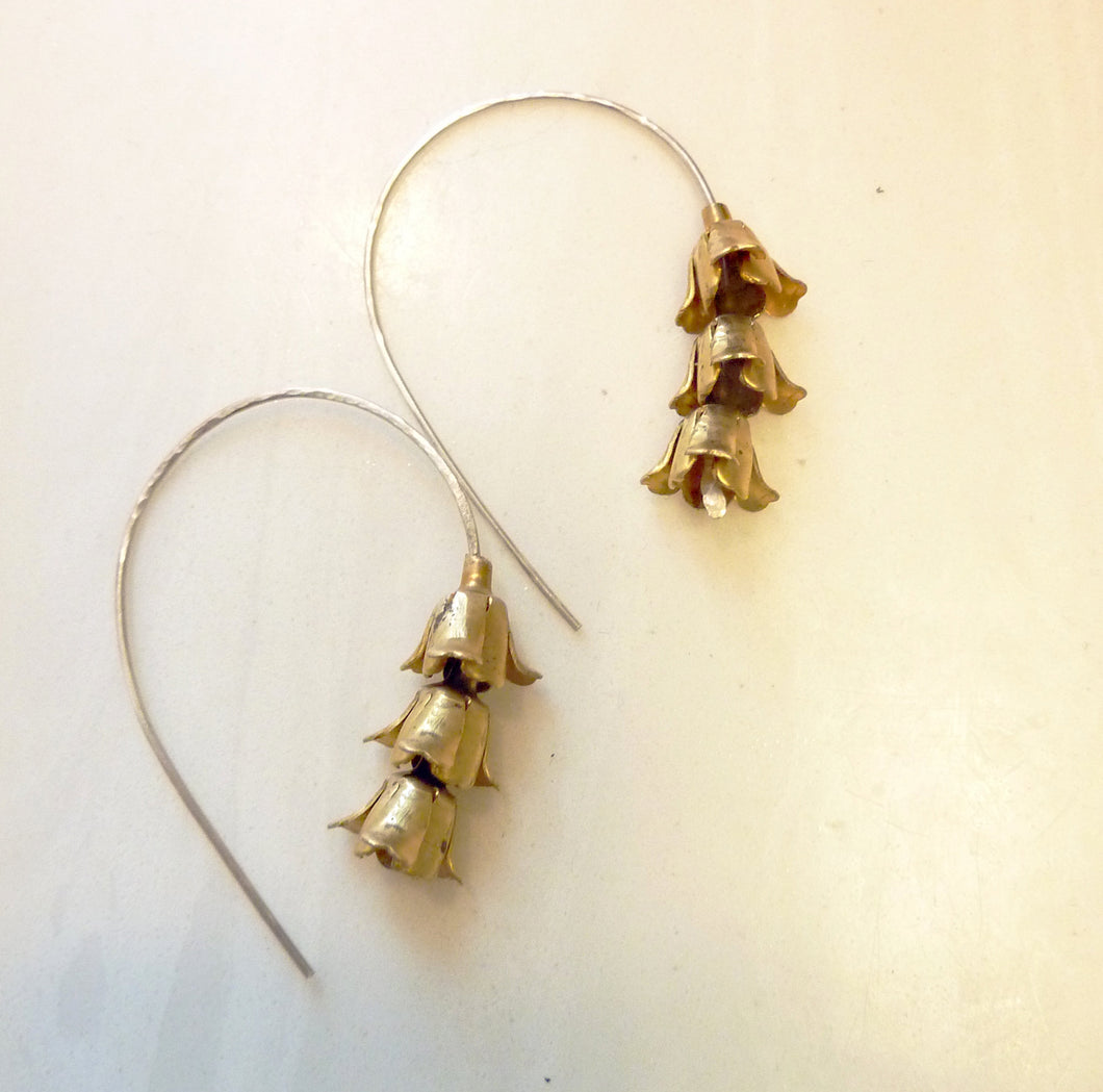 Bellflower Hoop Earrings, Vintage Brass End Caps