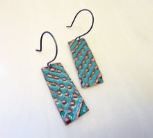 Load image into Gallery viewer, Turquoise Blue Dot and Dash Copper Enamel Earrings
