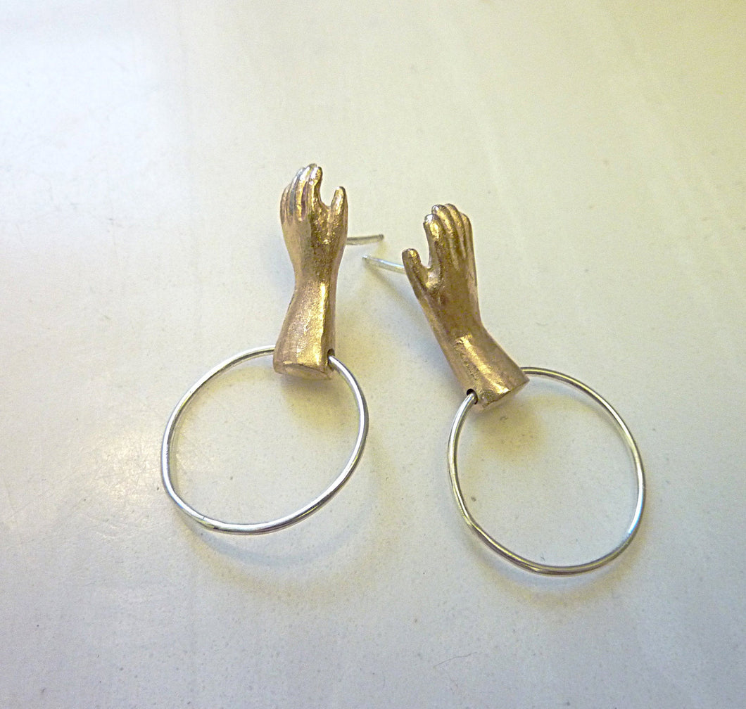 Doll Hand Hoop Earrings, Bronze or Sterling Silver