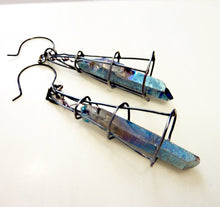 Load image into Gallery viewer, Caged Blue Titanium Quartz Crystal Point Earrings
