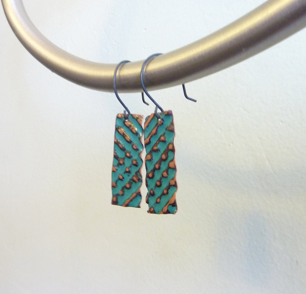 Turquoise Blue Dot and Dash Copper Enamel Earrings
