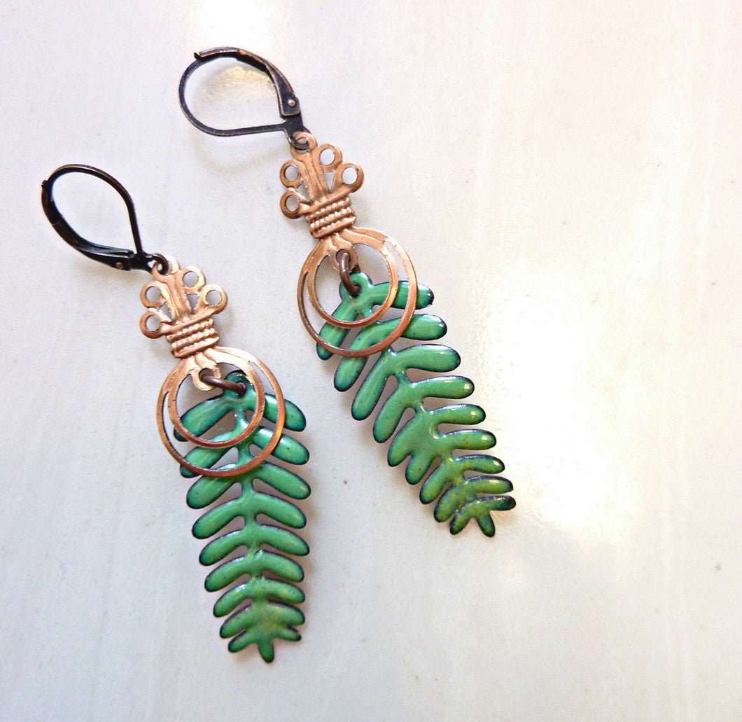 Enamel Leaf Earrings, Evergreen Tree Earrings, Vintage Copper
