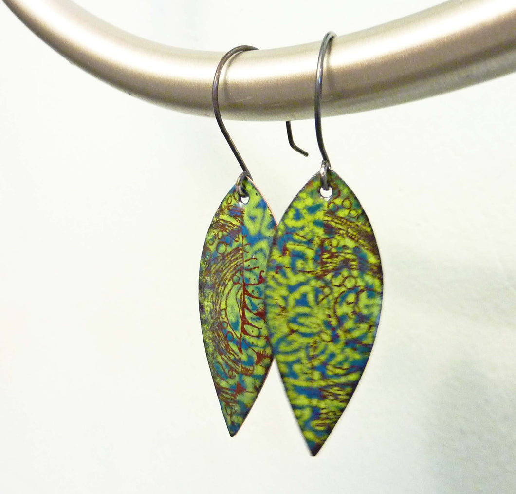 Leafy Vine Earrings, Enamel on Copper