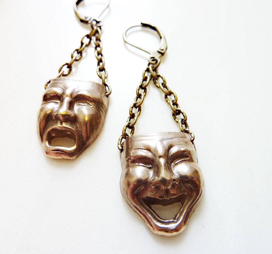 Comedy Tragedy Earrings, Bronze or Sterling Silver Theater Masks