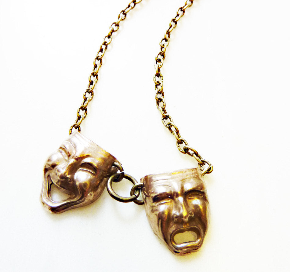 Comedy Tragedy Necklace, Bronze or Sterling Silver Theater Masks