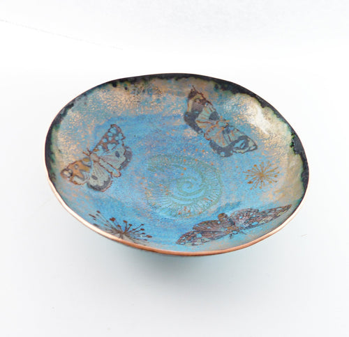flying moths enamel on copper bowl