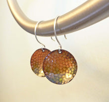 Load image into Gallery viewer, Snakeskin Enamel on Copper Earrings, Orange, Gold, Green
