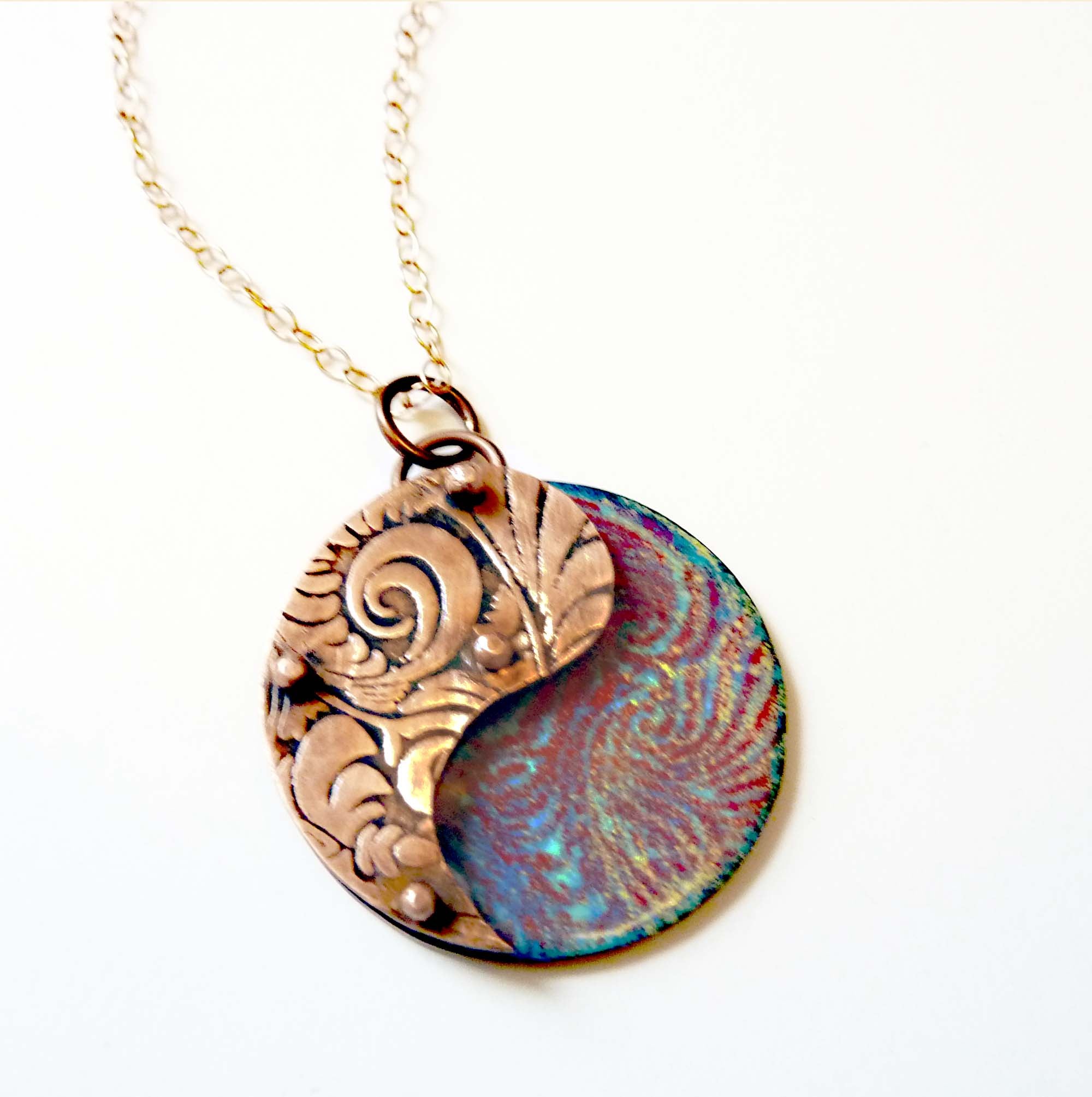 Yin Yang Enamel Necklace, Riveted Paisley, Copper Pendant, Artisan Jewelry, Mixed Media, 3D Layered, Hand Enameled Jewelry, Boho 14K Rose Gold Filled