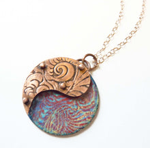Load image into Gallery viewer, Yin Yang Enamel Necklace, Riveted Paisley, Copper Pendant, Artisan Jewelry, Mixed Media, 3D Layered, Hand Enameled Jewelry, Boho
